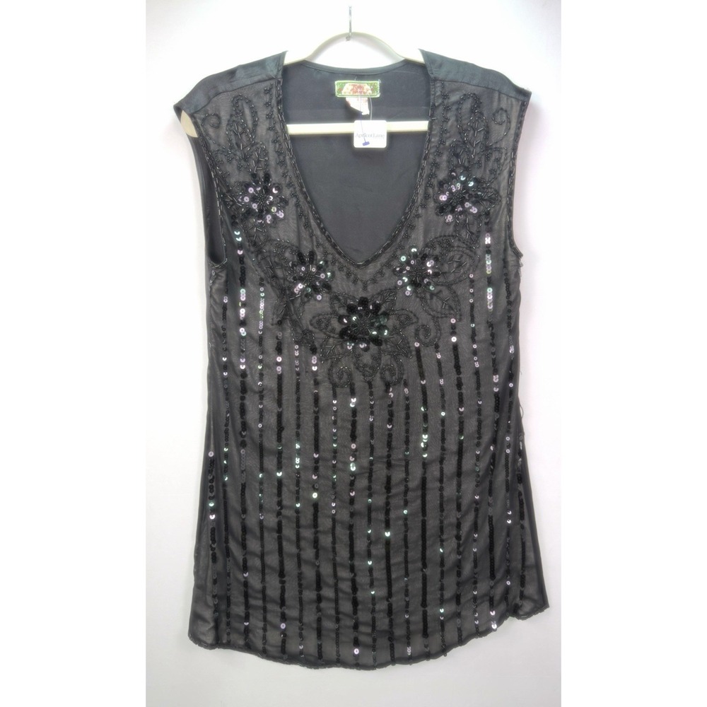 Flying Tomato Black Beaded Sequin Mesh Sleeveless Tunic Top Womens S Boho Y2K